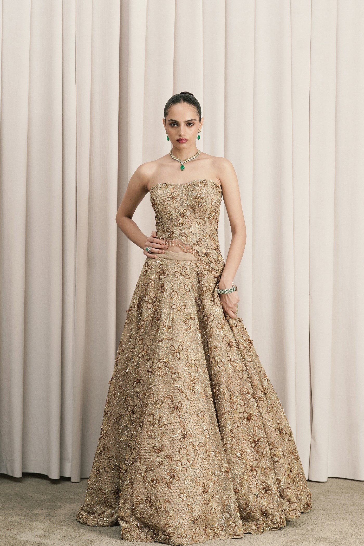 BEIGE EMBROIDERED LEHENGA WITH CORSET BLOUSE AND DUPATTA