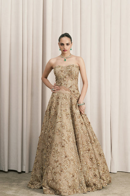 BEIGE EMBROIDERED LEHENGA WITH CORSET BLOUSE AND DUPATTA