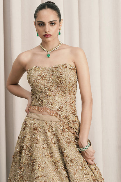 BEIGE EMBROIDERED LEHENGA WITH CORSET BLOUSE AND DUPATTA