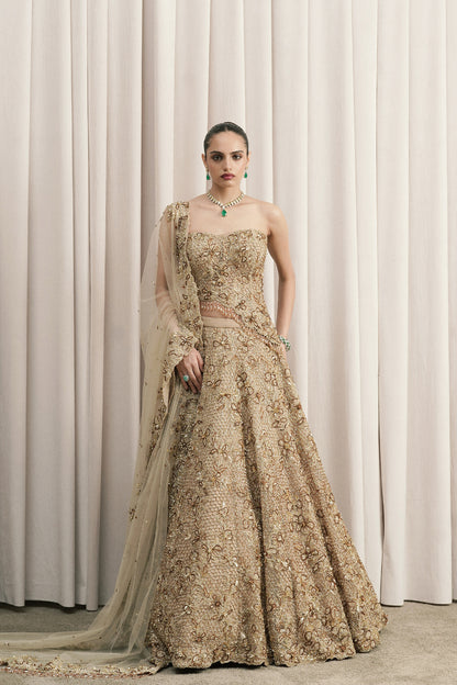 BEIGE EMBROIDERED LEHENGA WITH CORSET BLOUSE AND DUPATTA