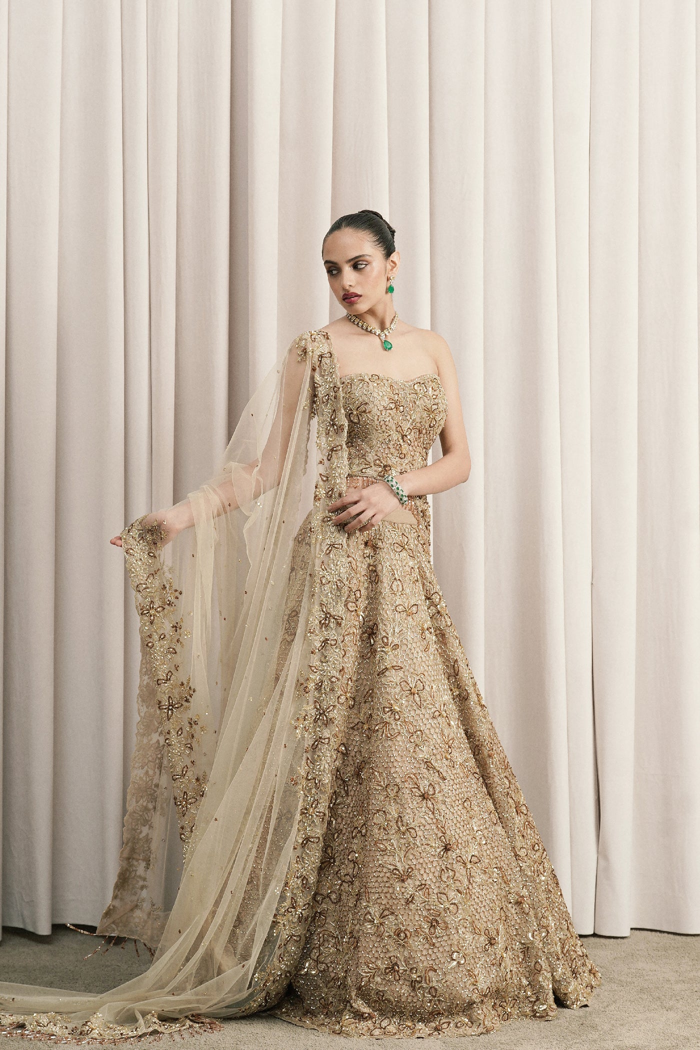 BEIGE EMBROIDERED LEHENGA WITH CORSET BLOUSE AND DUPATTA