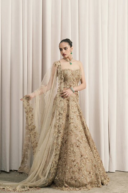 BEIGE EMBROIDERED LEHENGA WITH CORSET BLOUSE AND DUPATTA
