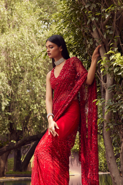 RED EMBROIDERED NET SAREE