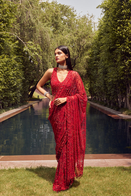 RED EMBROIDERED NET SAREE