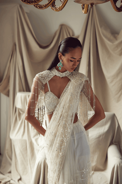 IVORY COCKTAIL SAREE WITH A SHOULDER CAPE