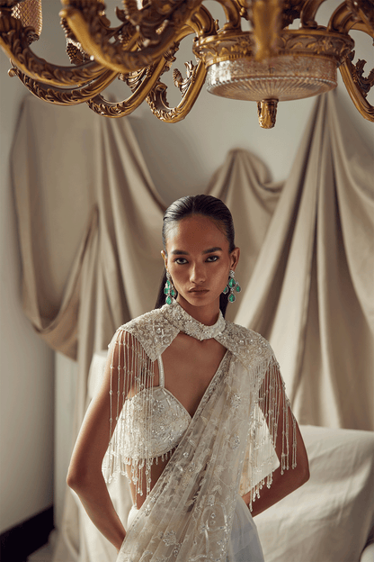 IVORY COCKTAIL SAREE WITH A SHOULDER CAPE