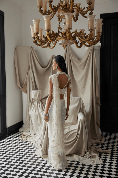 IVORY COCKTAIL SAREE WITH A SHOULDER CAPE