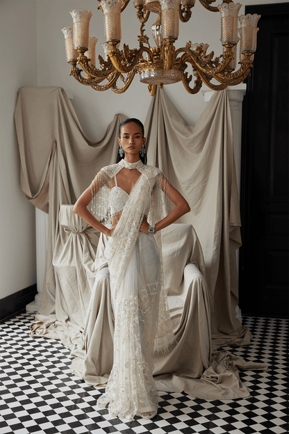 IVORY COCKTAIL SAREE WITH A SHOULDER CAPE