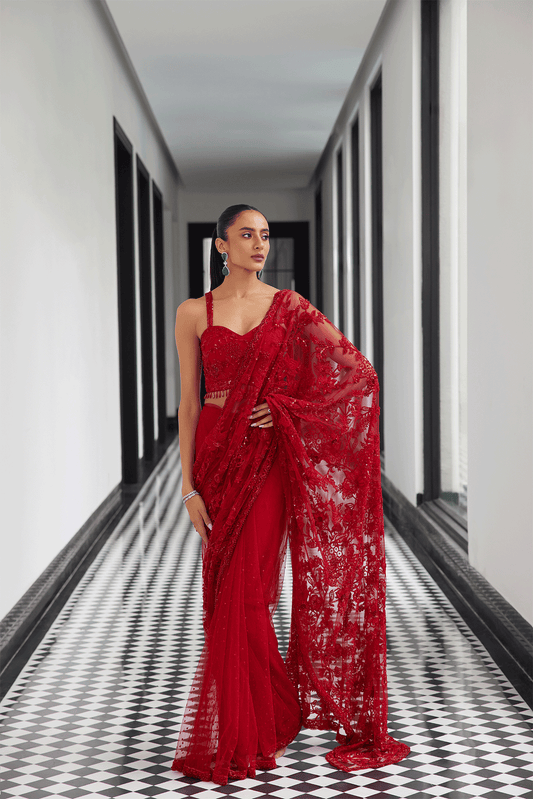 RED COCKTAIL SAREE