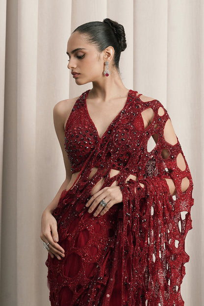 RED NET SAREE WITH HALTER-NECK BLOUSE