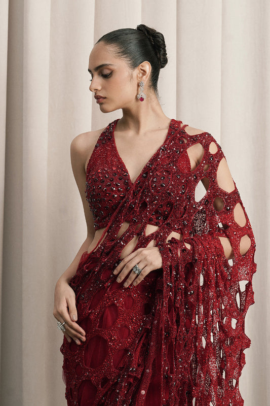 RED NET SAREE WITH HALTER-NECK BLOUSE
