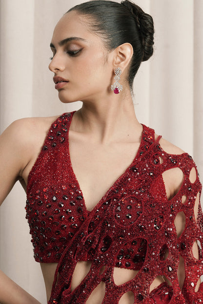 RED NET SAREE WITH HALTER-NECK BLOUSE