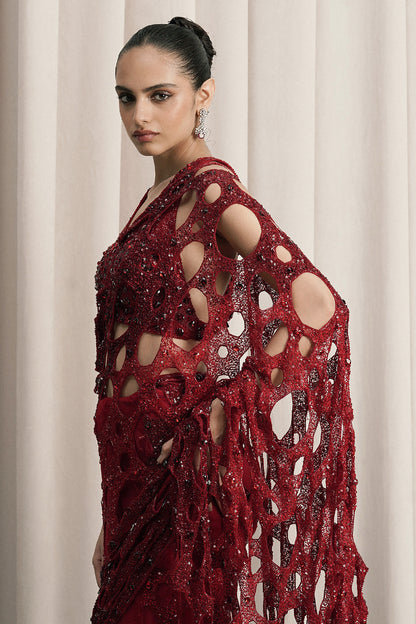 RED NET SAREE WITH HALTER-NECK BLOUSE