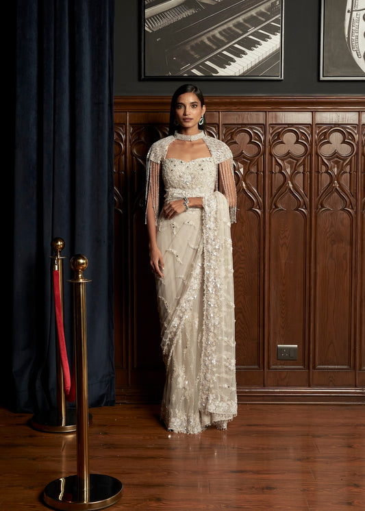 GREY CAPE-SAREE SET