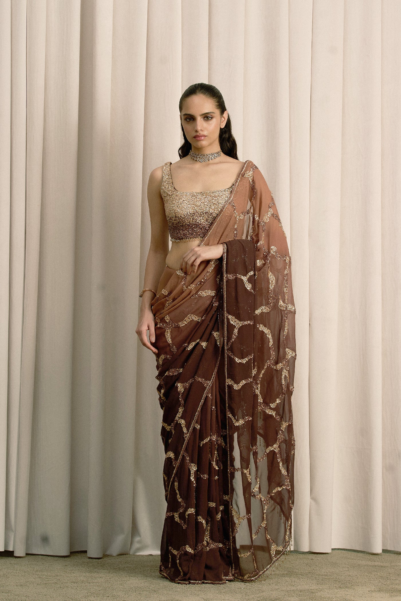 BROWN SHADED GEORGETTE SAREE WITH BLOUSE